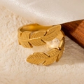 Elegant 18k gold plated stainless steel open ring with textured feather leaf design - Leaf Gold 86