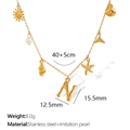 18K gold plated stainless steel letter N necklace with pearl and seashell charms - Letter N (XL206)