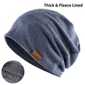Gray knitted beanie with thick fleece lining and brown F&S leather patch for winter warm - Fleece Lined Style / Blue