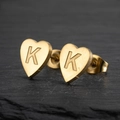 Minimalist gold heart-shaped stud earring with brushed metal finish and letter K engraving - Letter K / Gold