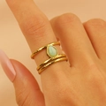 Gold stainless steel ring with turquoise stone featuring a hammered textured finish - 18k Pure Gold Three Layers Of Light Green 2622