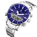 Silver stainless steel watch with blue dial and dual analog-digital display for men - Silver Case Blue Dial