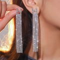 Silver fringe tassel earrings with H-shape stud and sparkling rhinestones - Silver Letter H Design Tassel Earrings