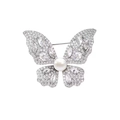 Rotating butterfly brooch with sparkling zircons and a pearl on a white background - Silver Plated Copper Shell Pearl Butterfly