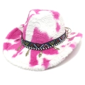 Detail of pink cow print plush cowboy hat with ethnic ribbon and metallic charms - M (56-58cm) / Heart Crown Rose Red