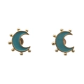 Minimalist moon shaped copper earrings with teal enamel and gold plating finish - Green