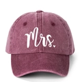 Close-up of vintage washed burgundy cotton baseball cap with white Mrs. script print - Burgundy