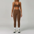 Ensemble de yoga marron sans couture avec legging taille haute et soutien-gorge de sport - S / Haut Et Bas / Café Foncé