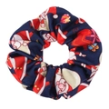 Detailed view of navy blue Christmas scrunchie with Santa Claus and gift box patterns - Sapphire Blue
