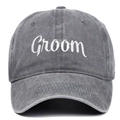 Detail of white Groom embroidery on washed dark grey denim cotton baseball cap - Groom / Gray