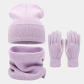 Close-up of lavender knitted winter set with touch-screen gloves and loop scarf - Light Purple