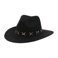 Classic black Western cowboy hat with leopard print cross-stitch band on a white background - One Size / Black (Leopard X-Stitch)