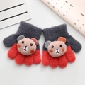 Kids knitted gloves with gray and red contrast color and cute plush bear applique - One Size (Suggested 0-3 Years Old) / Grey Red Bear