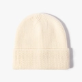 Minimalist beige ribbed knit cuff beanie hat for winter, showing premium wool texture - One Size / Cream