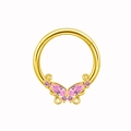 Detailed close-up of golden nipple ring featuring a bow butterfly with pink zircons - Gold Pink Zircon Butterfly