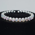 Detail of silver plated open bracelet with a row of sparkling rainbow AB crystals - Silver With AB Rhinestones