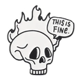 Skeleton meme enamel pin with This Is Fine text in classic black and white finish - Flame Skull-This Is Fine