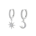 Asymmetric S925 silver star and moon drop earrings with sparkling pavé cubic zirconia - Silver