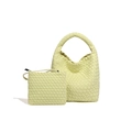 Two-piece lime green woven leather tote set with matching pouch in minimalist style - Light Yellow