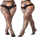 Black rhinestone fishnet tights with high waist cutout design and sparkling crystal detail - 4-Way Open Crotch / Black
