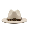 Detail of bohemian wool felt fedora featuring vintage beaded band and turquoise emblem - Beige