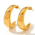 Golden C-shaped chunky hoop earrings with sparkling cubic zirconia pavé setting - Gold With White Zirconia (KDE879)