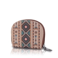 Ethnic style semi-circle canvas coin purse in beige with blue and orange geometric patterns - Camel