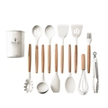 12-piece ivory silicone cooking utensil set with natural wooden handles and storage bucket - White 11-Piece Set With Large Round Bucket