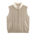 Gilet beige en maille torsadée pour hommes avec col montant et fermeture éclair - Kaki