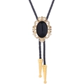 Macro detail of vintage gold Bolo Tie with black agate stone and woven leather cord - 3 (Gold with Black Stone)