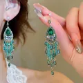 Statement green crystal tassel earrings with intricate silver needle diamond details - Stud Earring (3#) / Green