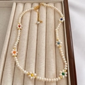 Baroque freshwater pearl choker with multi-colored flower beads and golden clasp - White Flower Necklace