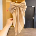 Beige large satin bow hair clip with long ribbons and elegant vintage spring fastener - Khaki