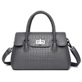 Elegant grey crocodile embossed leather handbag with woven handle and metal lock - Gray