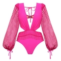 Maillot de bain rose néon avec décolleté en V, manches en dentelle et franges perlées - S / Maillot de Bain Une Pièce à Glands
