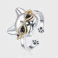 Kreativer s925 Silber Katzenring mit goldener Brille und Pfotendetail auf grauem Grund - Einstellbar Offen / Französische Bulldogge Stil (KDP1804)