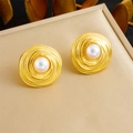 Elegant gold pearl stud earrings with spiral texture in a premium jewelry gift box - Earrings (E6184)