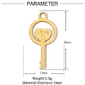 Technical drawing of a gold stainless steel key pendant with LOVE engraved on the heart - Key Love (VG959)