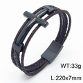 Men's multilayer brown braided leather bracelet featuring a black cross and magnetic clasp - Brown Leather Black Color