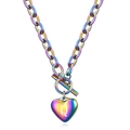 Close-up of rainbow plated heart pendant with letter Q on heavy duty OT toggle chain - Letter Q