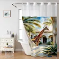 Dettaglio della tenda da doccia a nido d'ape con stampa tropicale di giraffa e palme - SYL-3 Palazzo delle Giraffe / 181x188cm