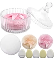 Pink velvet powder puff set with glass storage jar and microfiber sponges in white background - 1 Large White + 1 Beige + 1 Pink + 5 Beige Mini Puffs (In Jar)