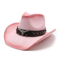 Pink gradient woven straw cowboy hat with black leather band and silver bull head emblem - Rose Red and Pink