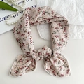 Pink floral cotton linen scarf tied in a bow with delicate stitching and pearl accents - Light Pink Flower Cluster