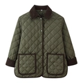Army green diamond quilted jacket with brown corduroy collar and oversized patch pockets - S / Green