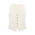 Beige V-neck sleeveless knit vest with five gold buttons on a white background - S / Knit Vest / Off White