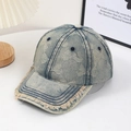 Casquette de baseball en jean bleu vintage avec jacquard papillon et bords effilochés - Bleu Azur / L(58-60cm)