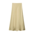 Detailed view of champagne gold satin midi skirt with elegant glossy drape and texture - Light Yellow