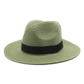 Close-up of woven paper straw texture and black ribbon detail on a green sun hat - M (56-58cm) / Dark Green