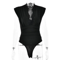Elegante body in pizzo nero con scollo a V da donna con vestibilità aderente senza maniche - S / Nero